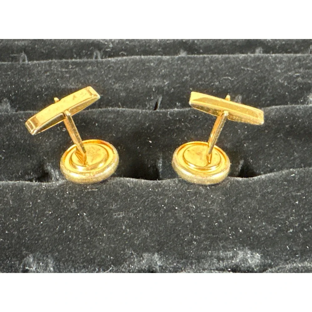 Vintage Gold Tone Round Cufflinks Dark Center Stone Beaded Bezel Toggle Back
